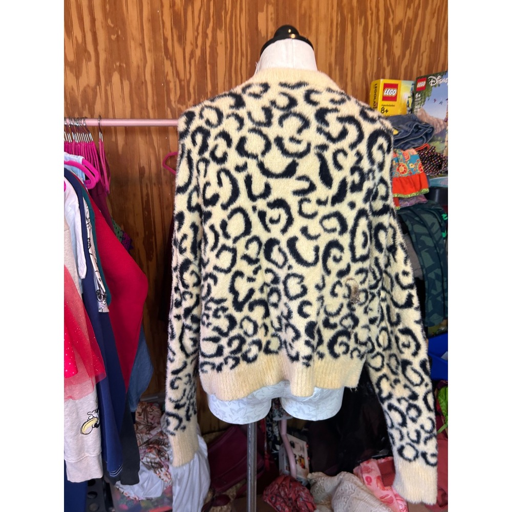 For Love & Lemons Leopard Print Fuzzy Cardigan Sweater Yellow Black Defect XL - Picture 8 of 11